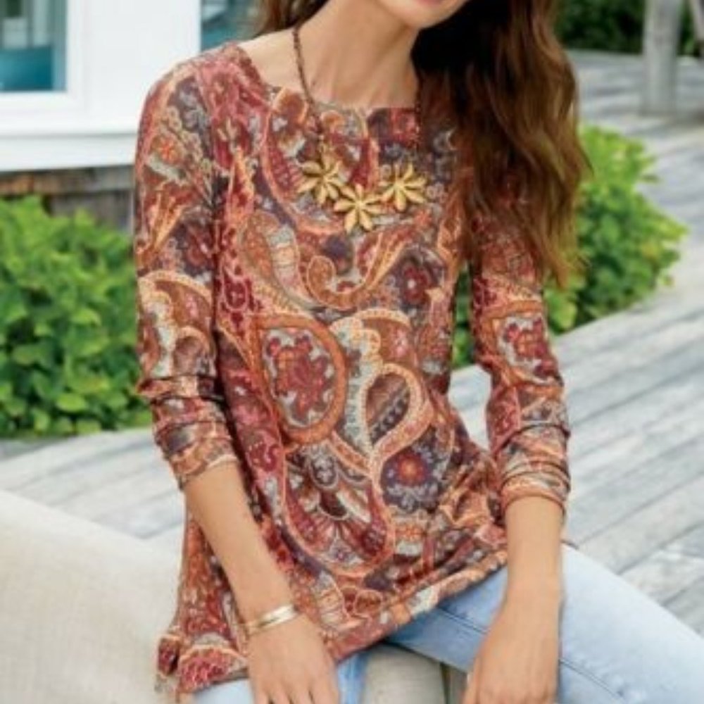 NWOT Soft Surroundings Ayrshire Top MEDIUM Paisley Floral Bateau Long Sleeves